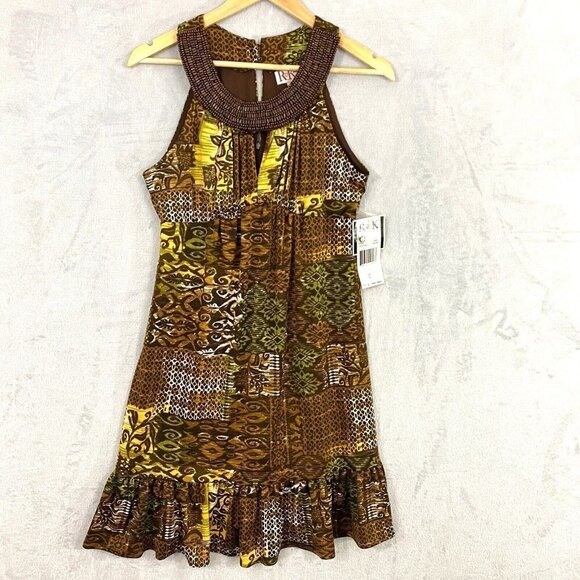 R&K Originals Beaded Tribal Halter Dress Womens 6 Brown Tropical Floral NWT NEW - Picture 1 of 15
